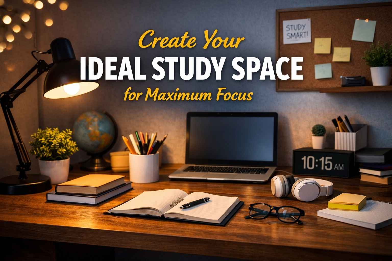 A clean and organized study desk with proper lighting, books, and laptop showing a perfect study environment for better focus and productivity.