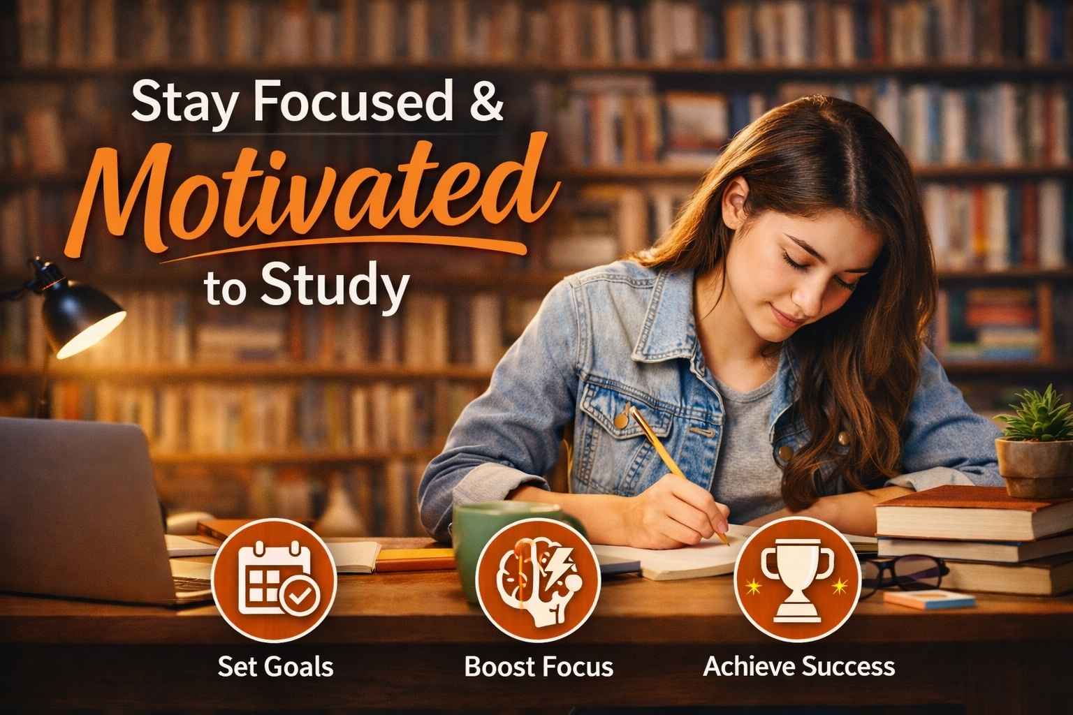 A focused student studying at a desk with books and a laptop, representing effective ways to stay motivated while studying and achieving academic goals.