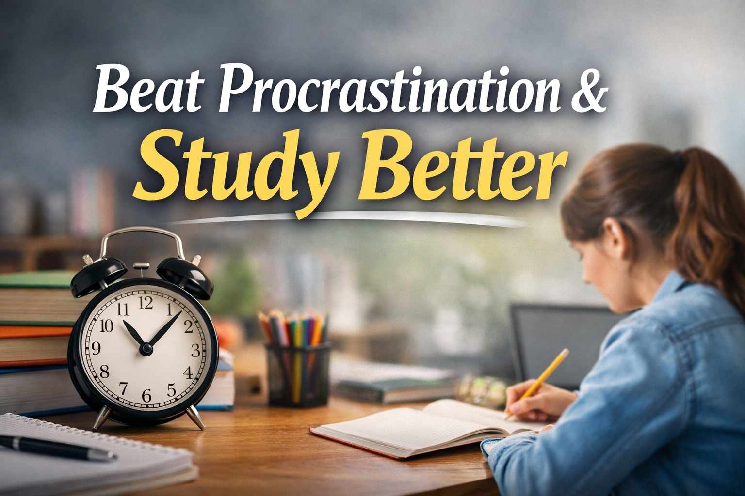 Student studying at a clean desk with books and laptop, illustrating strategies to overcome procrastination while studying effectively.